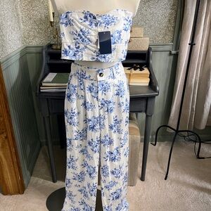 Monteau Blue White Floral 2 pc Linen Blend Jumpsuit LiveShackFancy Style S